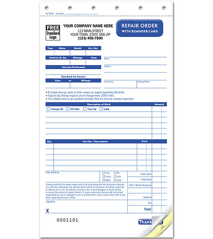 Repair Order with Reminder Card #AUTO649 649