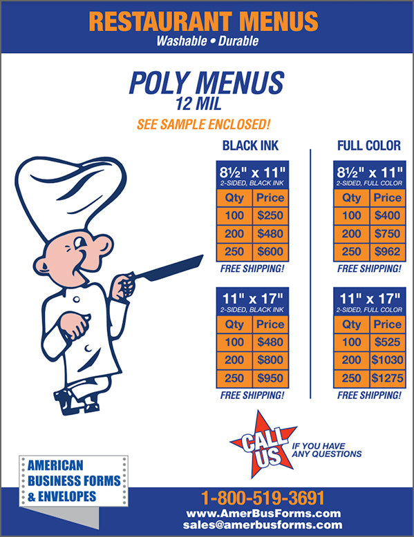 Menu Full Color Washable Poly Menus - Full Color – American Business Forms & Envelopes