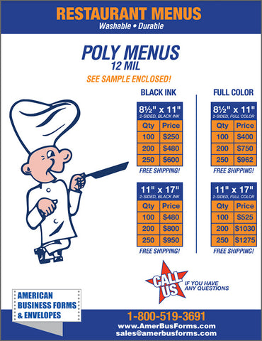 Washable Poly Menus - Full Color