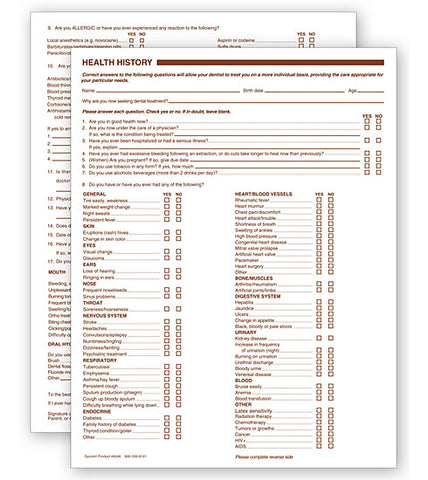 Patient Health History Form - Two-Sided, No Hole Punch