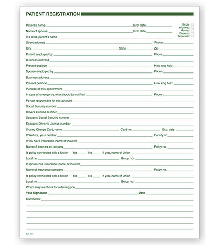 Patient Registration Form - One-Sided, No Hole Punch