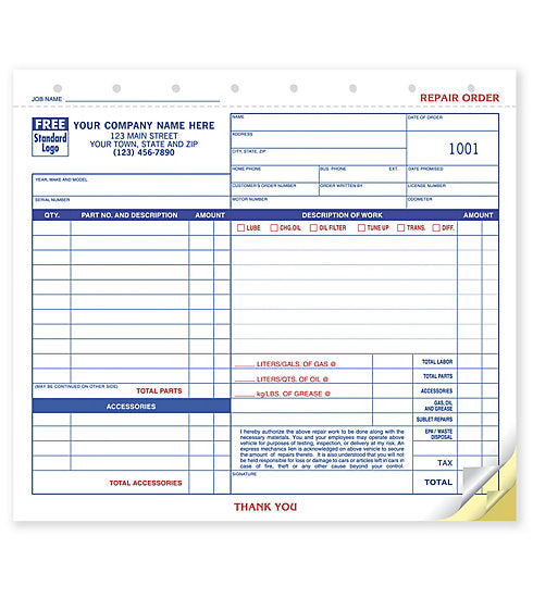 Garage Repair Forms Order, Carbonless, Small Format     #AUTO650   650