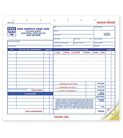 Garage Repair Forms Order, Carbonless, Small Format     #AUTO650   650