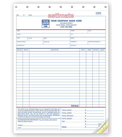 Auto Repair Estimates - Large Carbonless     #660