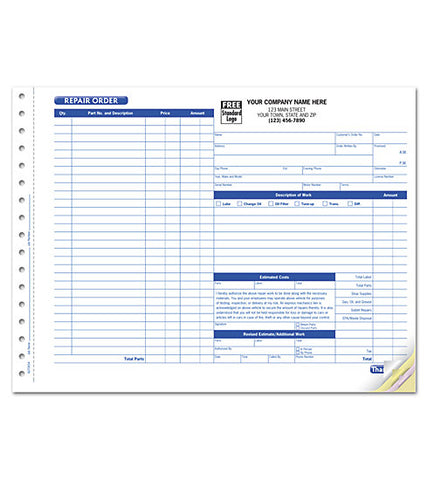 Garage Repair Order With Side-Stub, Carbonless, Large #654